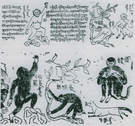 Représentation d'hommes velus, parmis d'autres animaux parfaitement identifiables, en bas celui de Pékin (Chine) , en haut celui d'Ourga (Oulan-Bator , Mongolie)